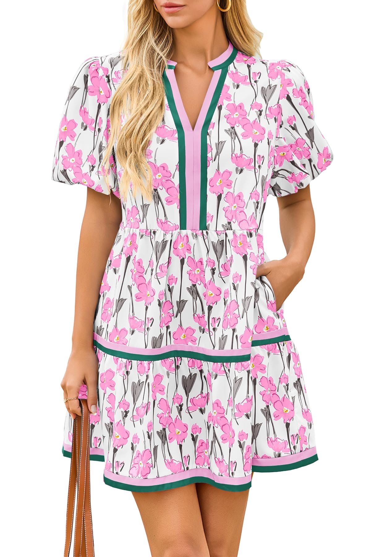 HOT SALE Women's V Neck Floral Mini Dress Short Puff Sleeve Patchwork