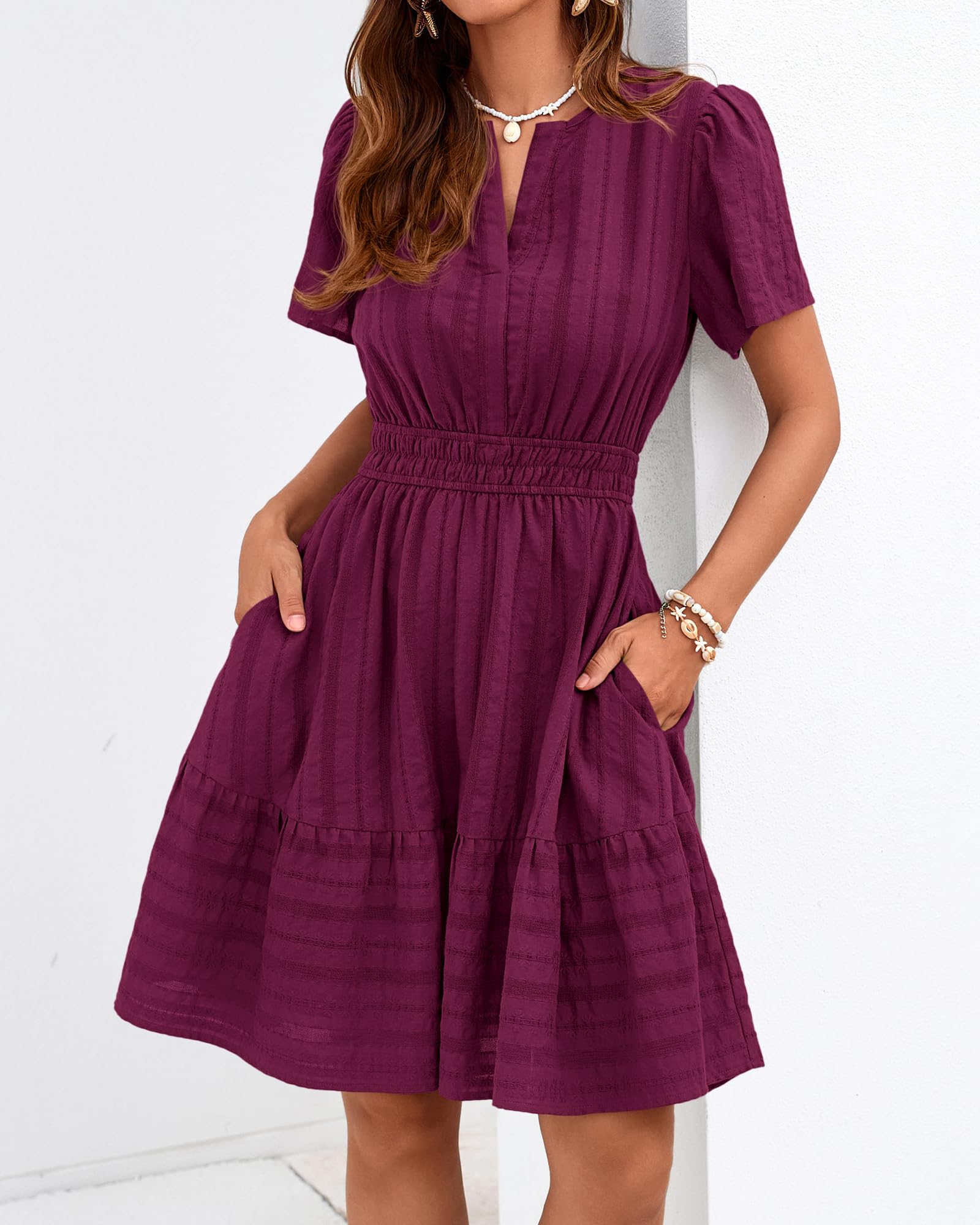 Women's Lightweight Short Sleeve V Neck Elastic Waist Mini Dress