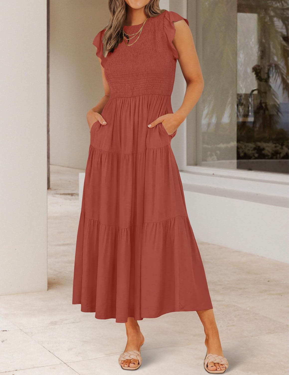 HOT SALE Women's Flutter Short Sleeve Crew Neck Smocked Elastic Waist Tiered Midi Dress