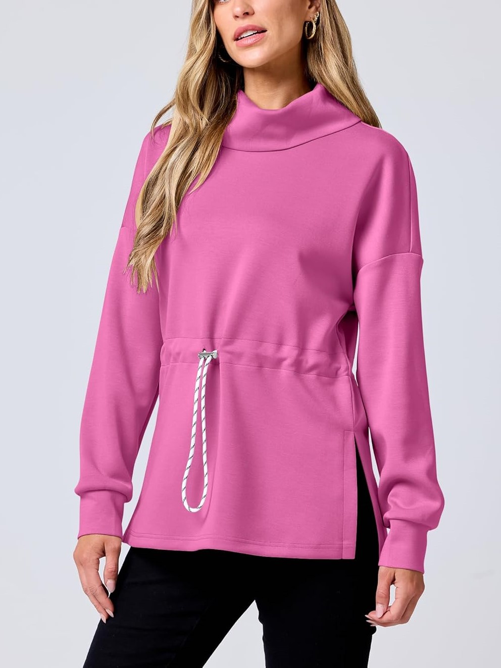 Women's Long Sleeve Turtleneck Drawstring Waist Hoodie Sweatshirts