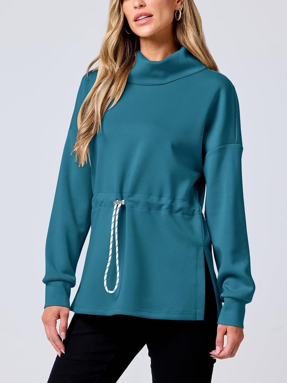 Women's Long Sleeve Turtleneck Drawstring Waist Hoodie Sweatshirts