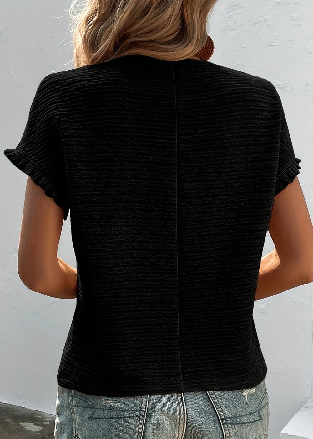 Women's Crewneck Textured Pleated Short Sleeve Shirt Top