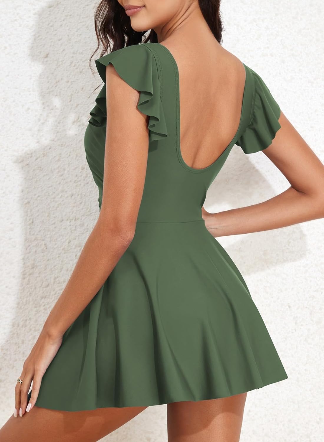 Women's V-neck Lace One Piece Skirt Tummy Control Swimwear Romper with Built-in Bra