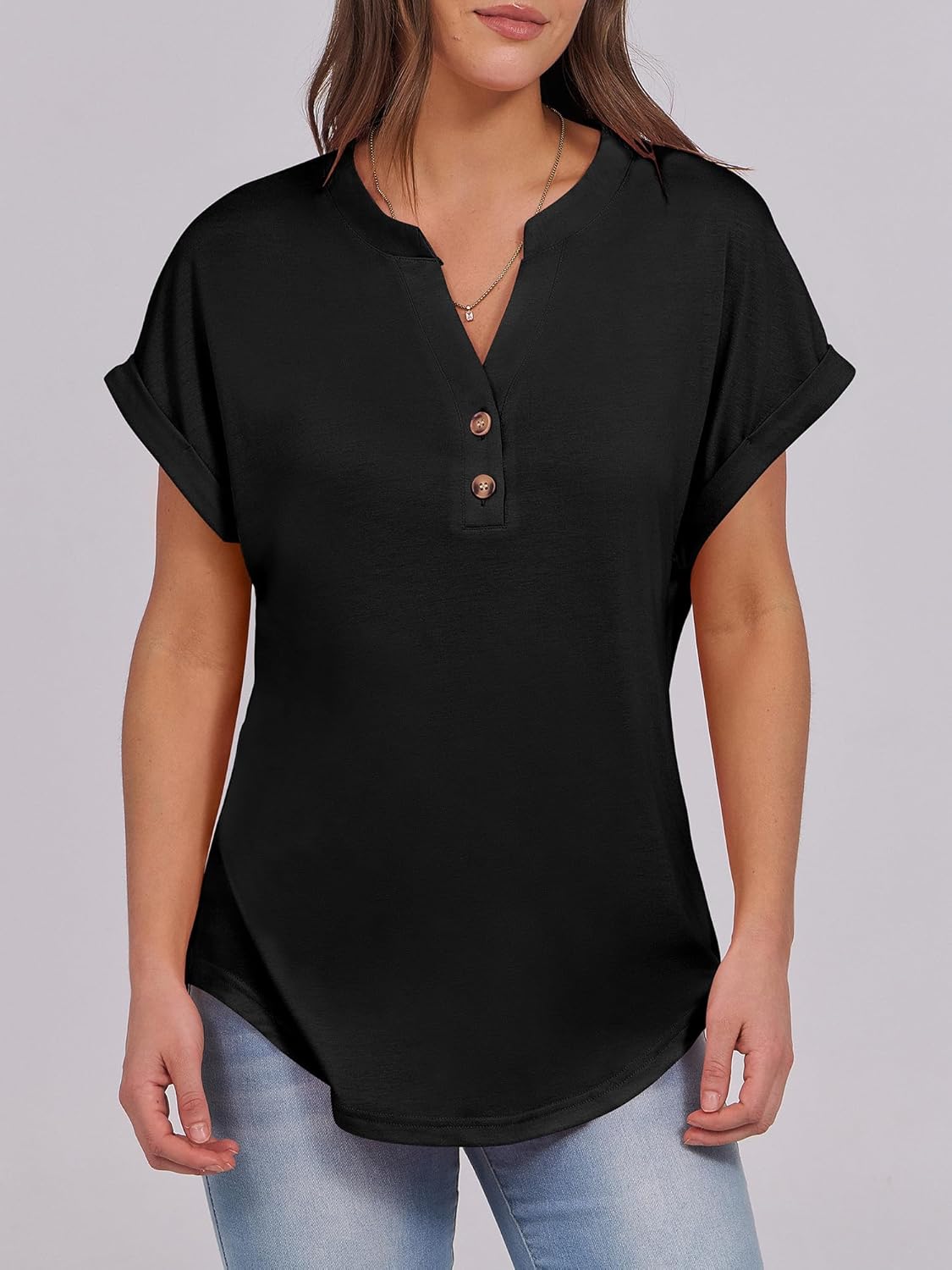 Women's V Neck Button Casual Loose Fit Short Sleeve Shirts Henley Tops