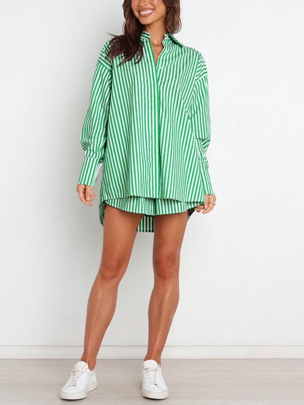 HOT SALE Striped Dropped Shoulder Shirt and Shorts Set