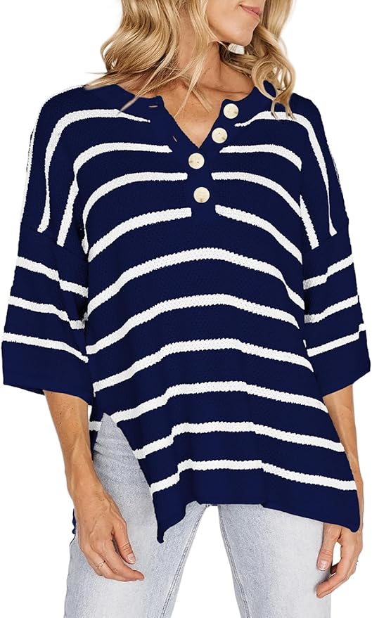Women's Striped Button Down V Neck 3/4 Sleeve Lightweight Knit Pullover