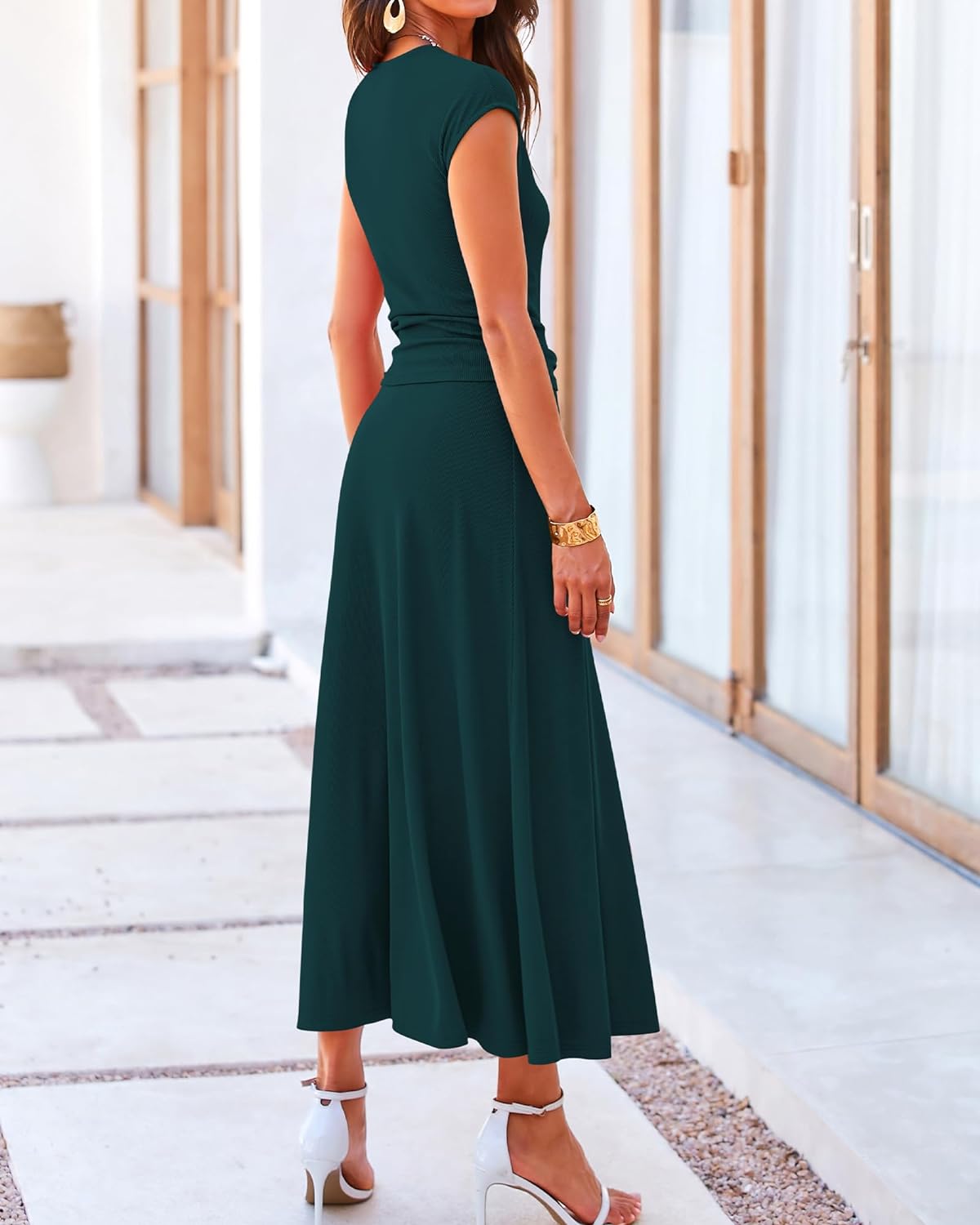 Casual Cropped Top Elastic Waist Swing Midi Skirts Set