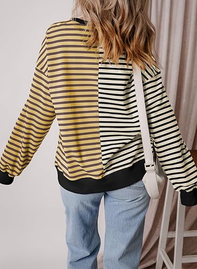 Womens Oversized Sweatshirts Striped Color Block Crewneck Sweatshirt