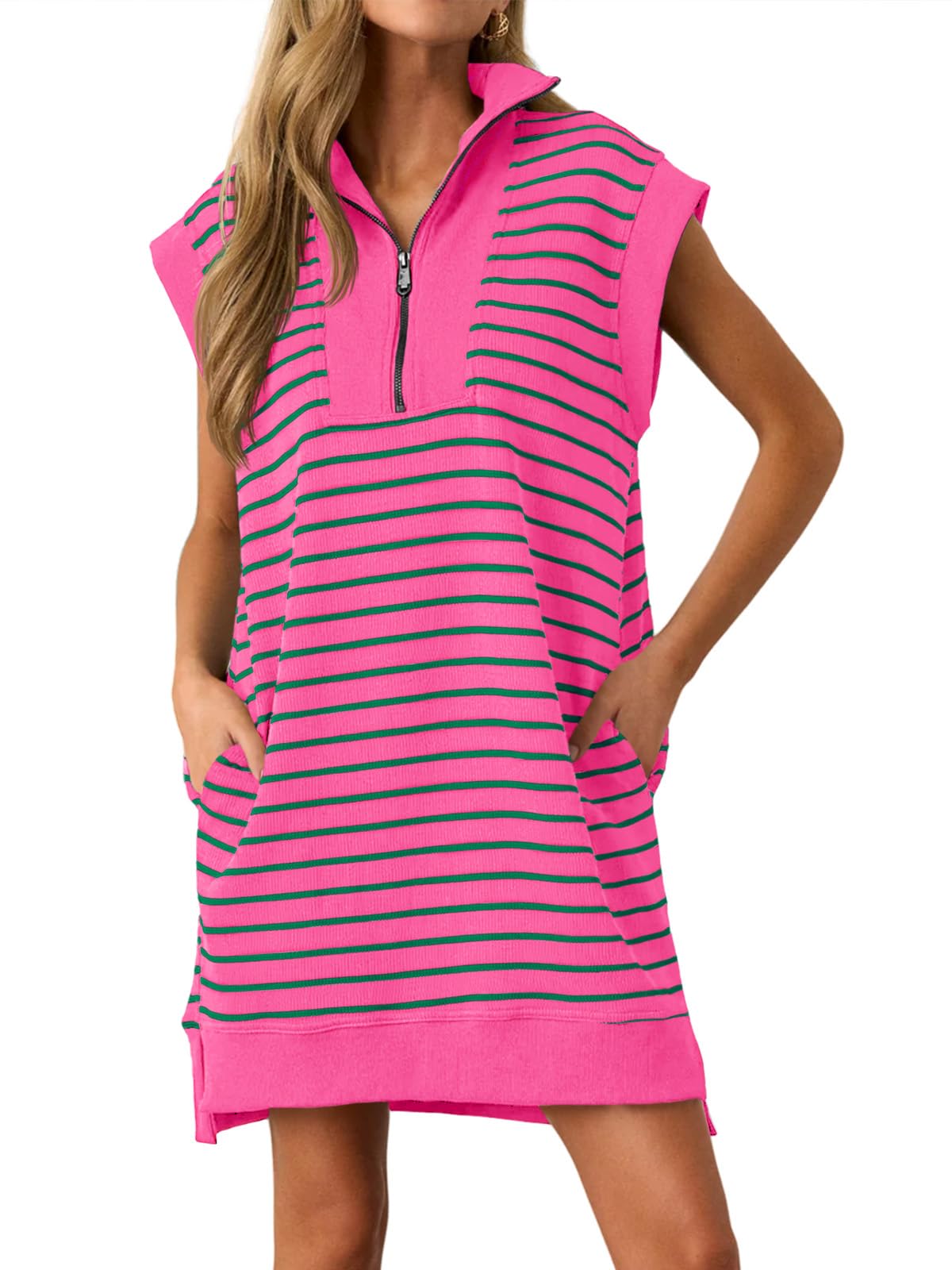 HOT SALE Women's Striped Knit Cap Sleeve Half-Zip Mini Dress