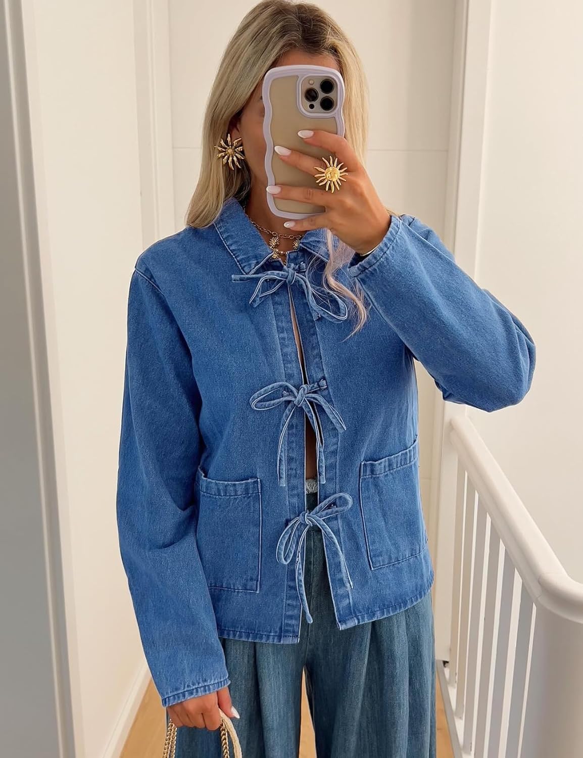Women's Tie Bow Closure Loose Denim Jacket with Pockets