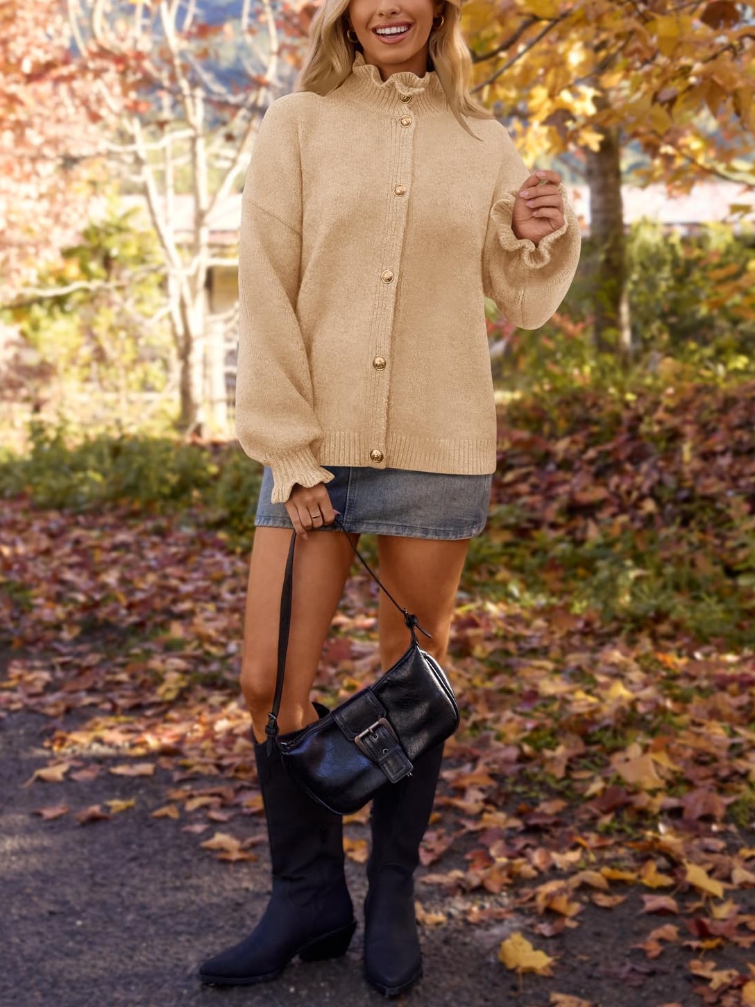 Women's Ruffle Button Down Long Sleeve Chunky Cardigan Sweaters