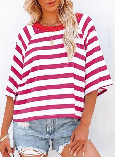 HOT SALE Women's Cute Round Neck Striped Short Sleeve Casual Top