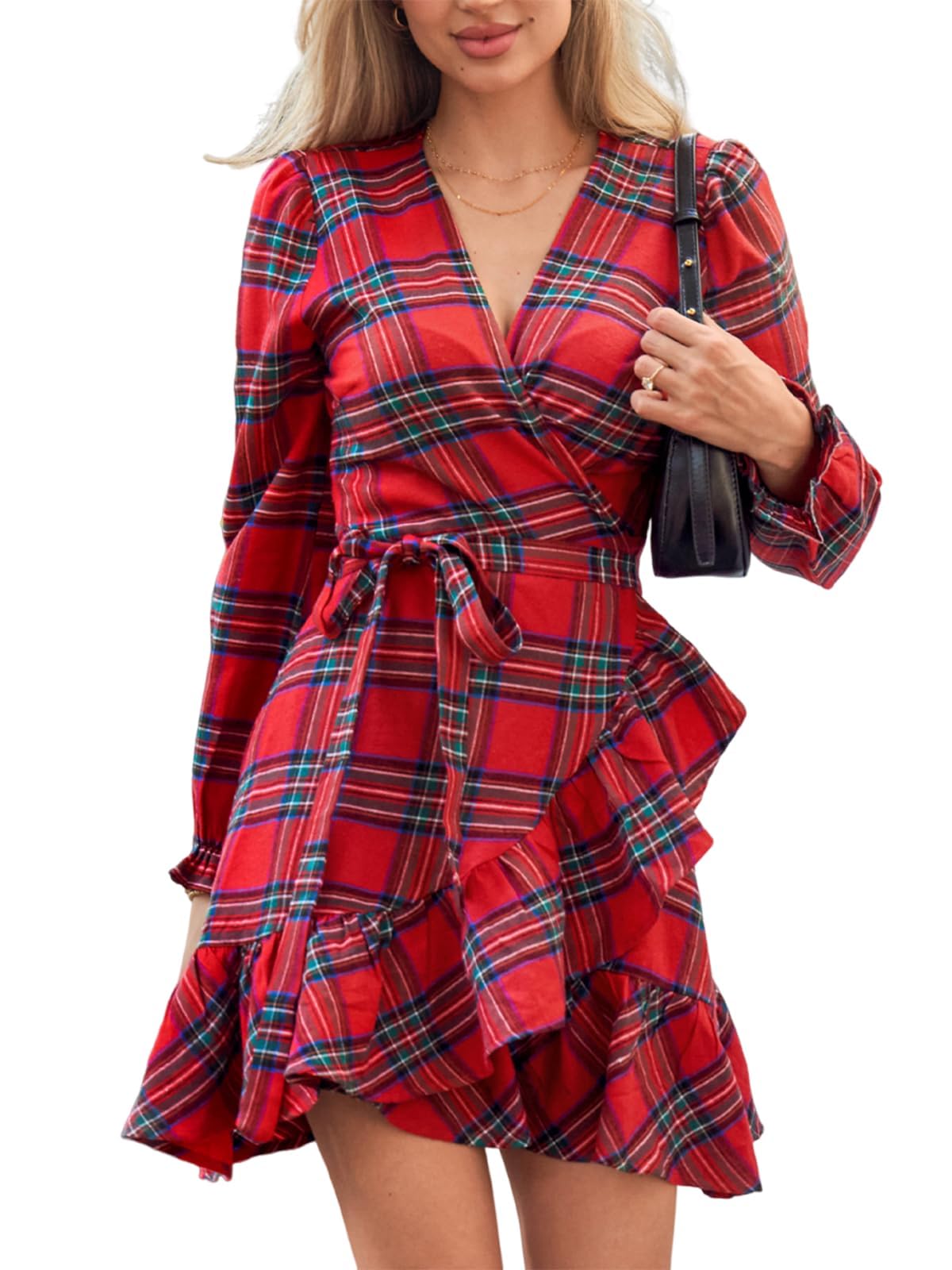 Women's Christmas V neck Red Plaid Blouson Sleeve Mini Dress