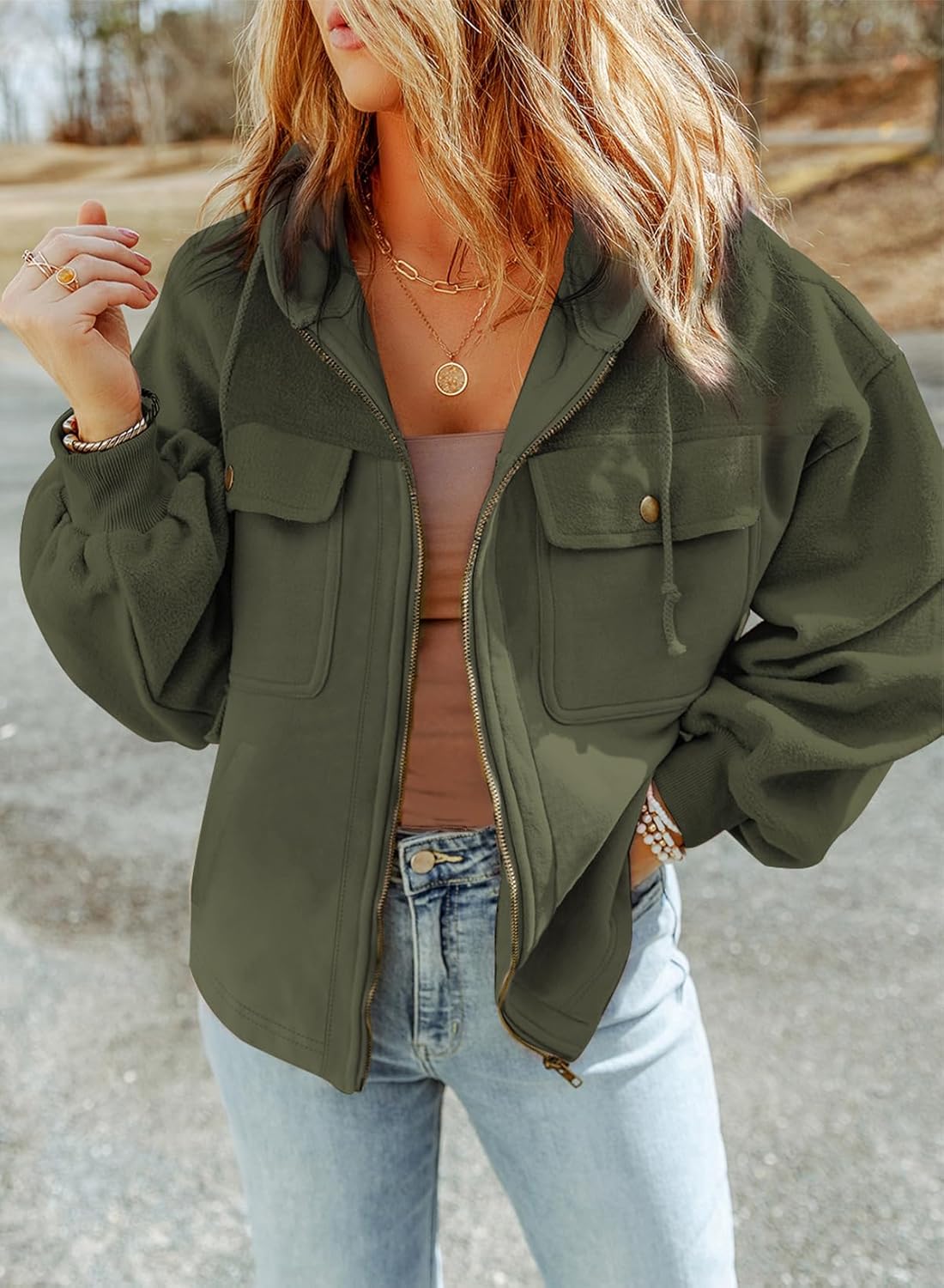 Women's Drawstring Fuzzy Sherpa Hooded Zip Up Jacket Coats with Pockets