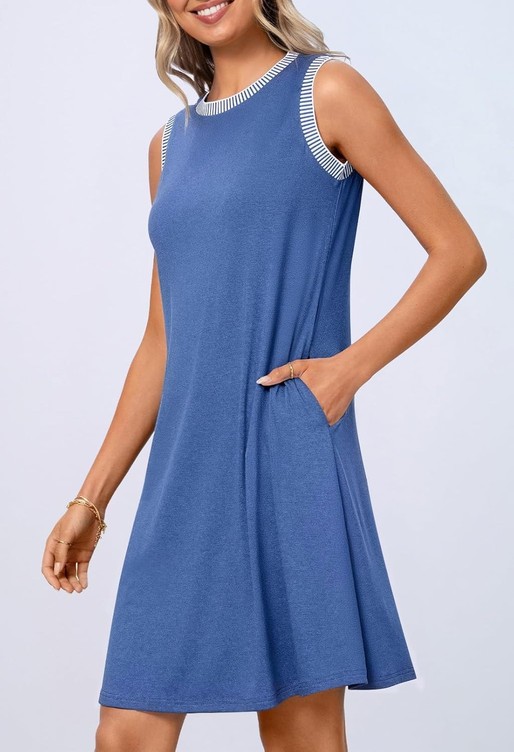 Women's Casual Crewneck Striped Trim Sleeveless Tank Mini Dress