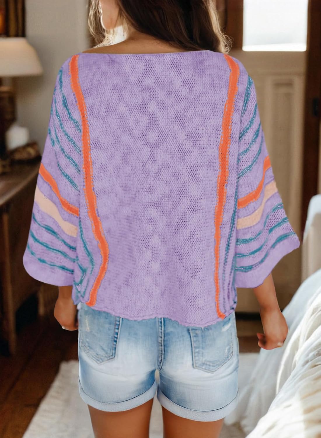 Women's Casual Color Block Striped Cable Knit Boho Sweater