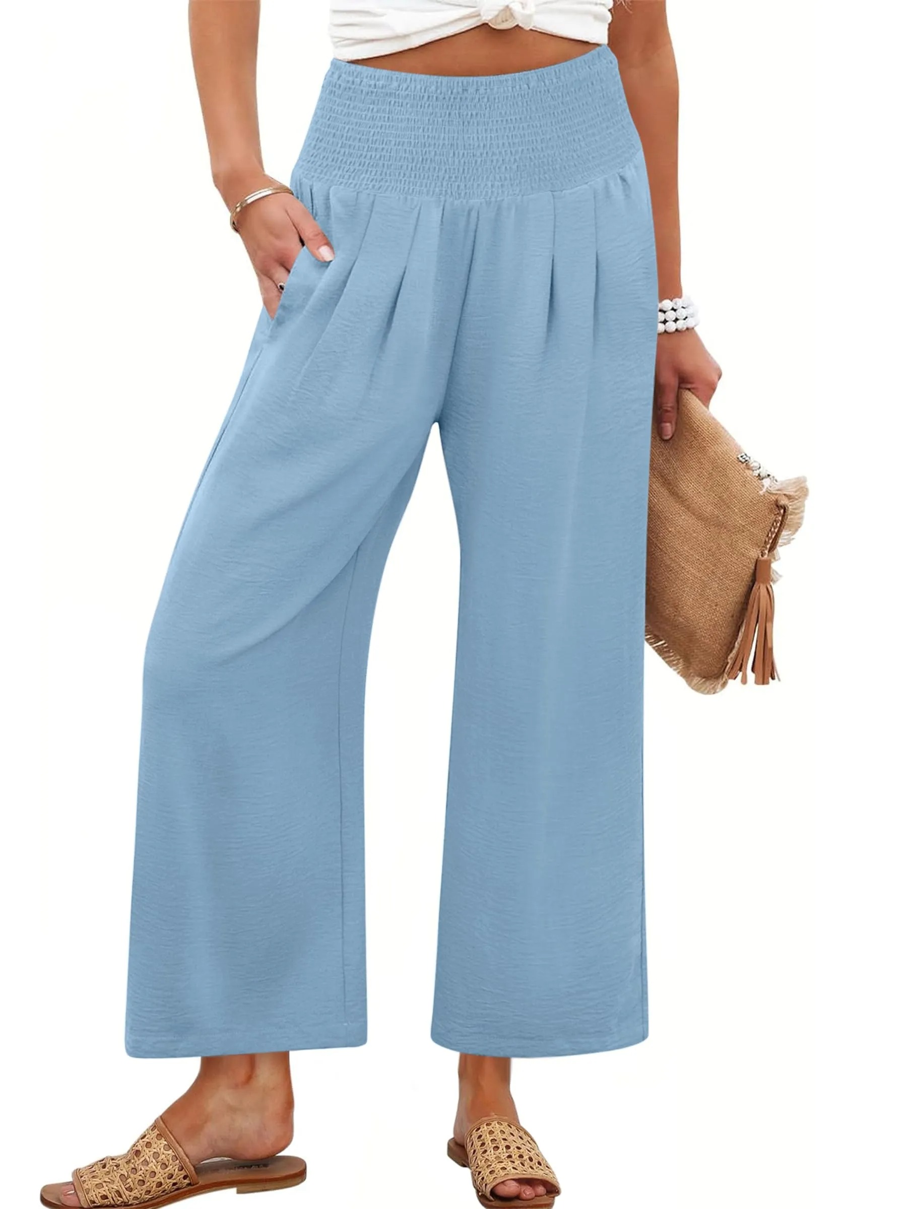 HOT SALE Women's High Waist Elastic Palazzo Pants Flowy Beach Lounge Casual Trousers