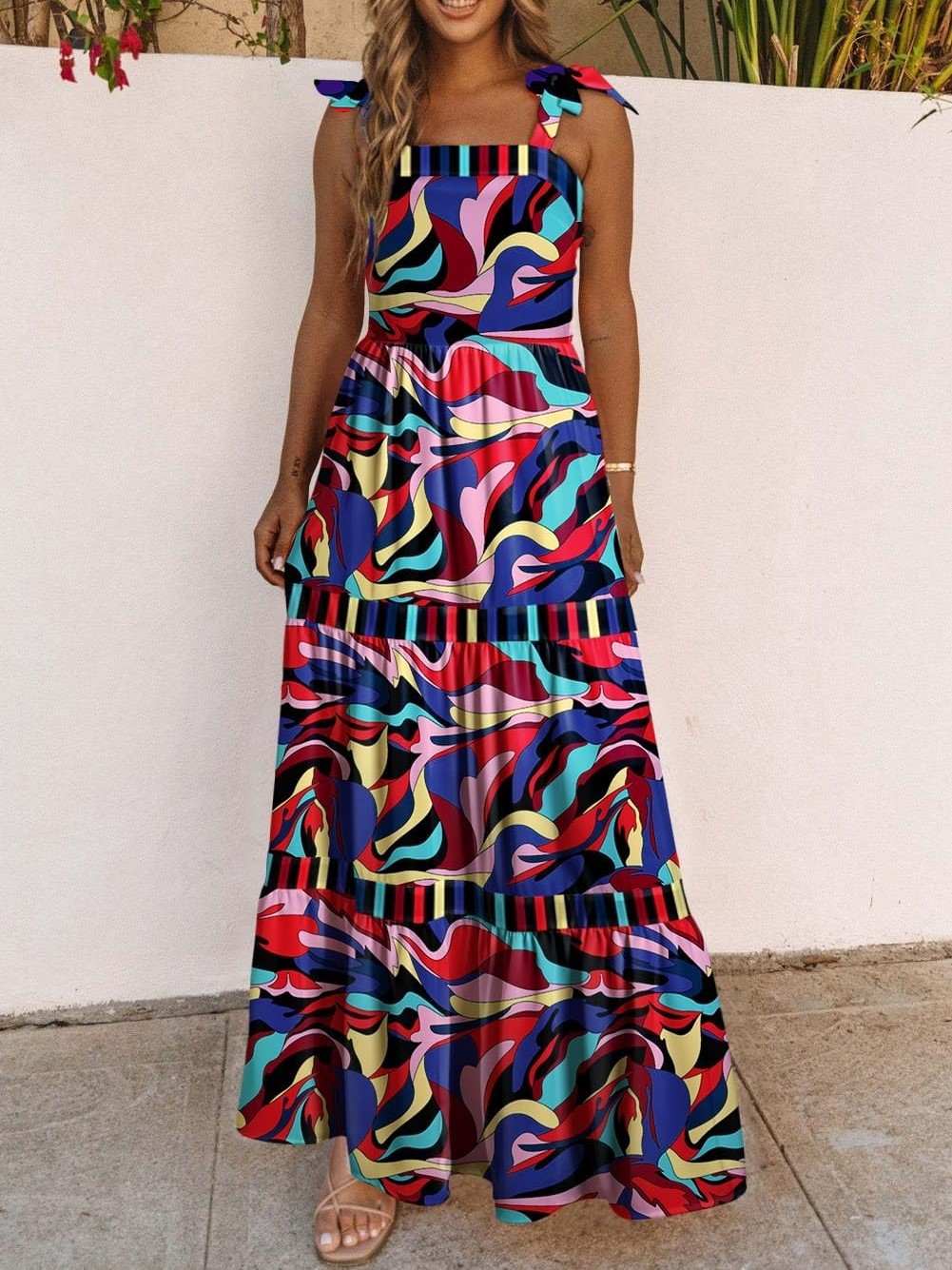 Women's Summer Sleeveless Strap Tie Floral Print Maxi Dress