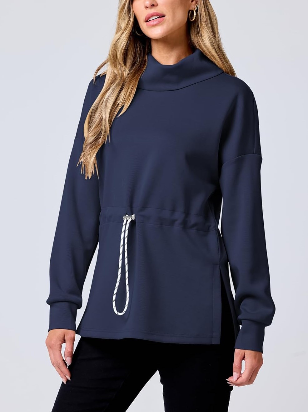 Women's Long Sleeve Turtleneck Drawstring Waist Hoodie Sweatshirts
