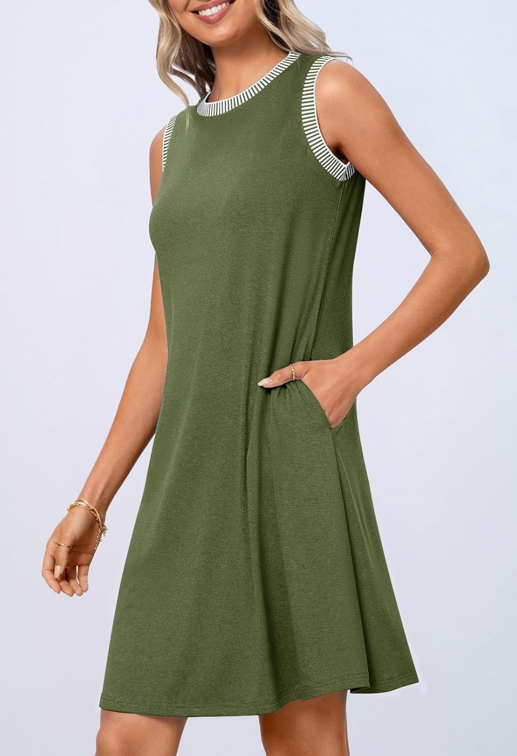 Women's Casual Crewneck Striped Trim Sleeveless Tank Mini Dress