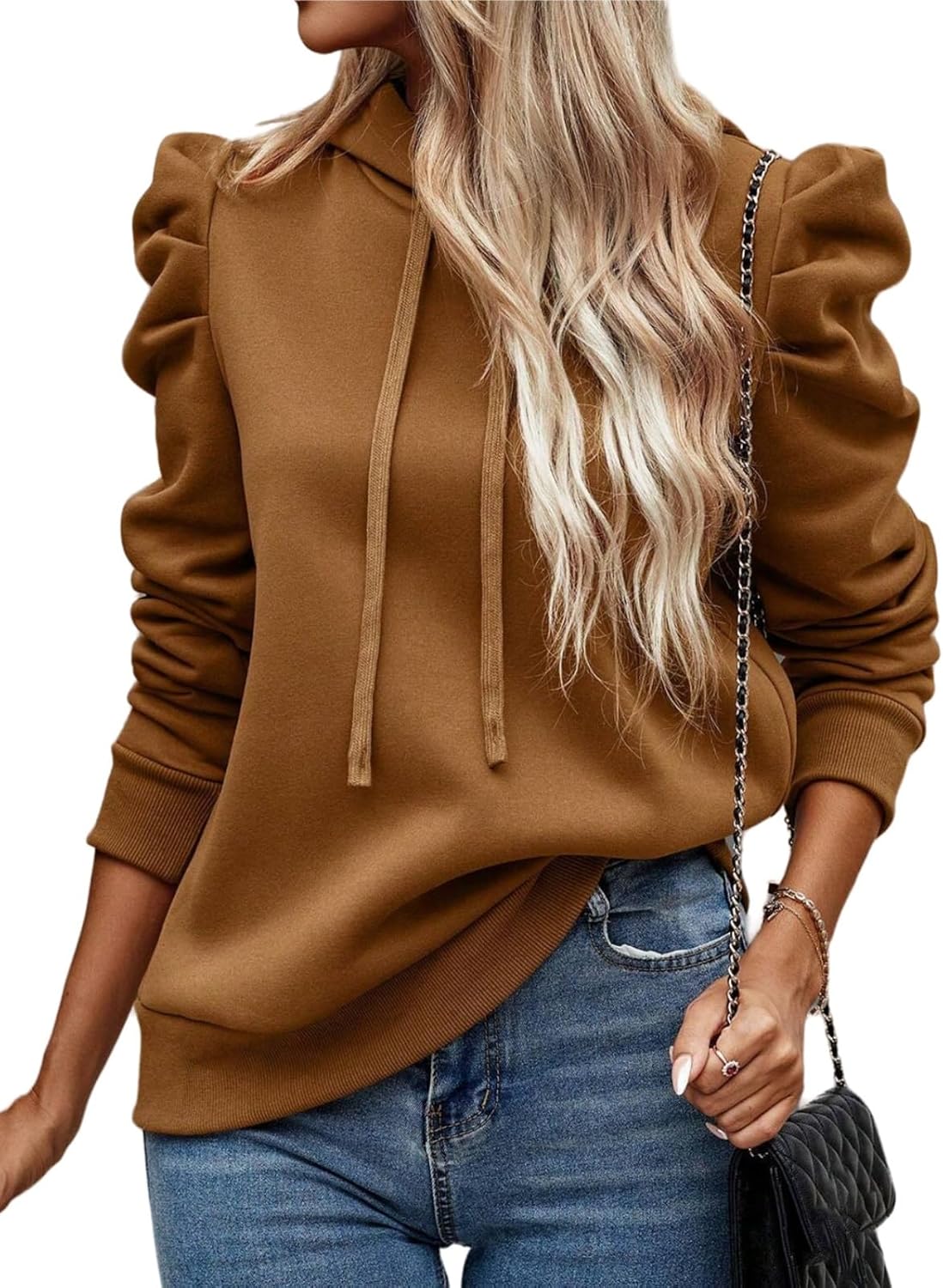 Women's Puff Sleeve Drawstring Casual Hoodie