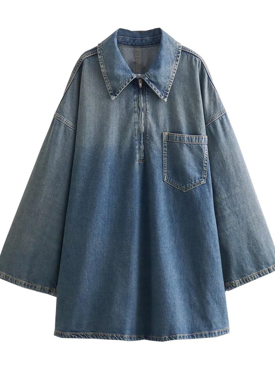 Women's Half-Zip Collared Vintage Loose Denim Dress Long Sleeve Casual Top