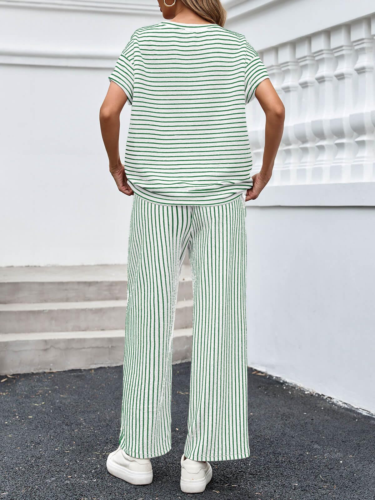 Women's Striped Short Sleeve Wide Leg Pants 2 Piece Sets with Pockets
