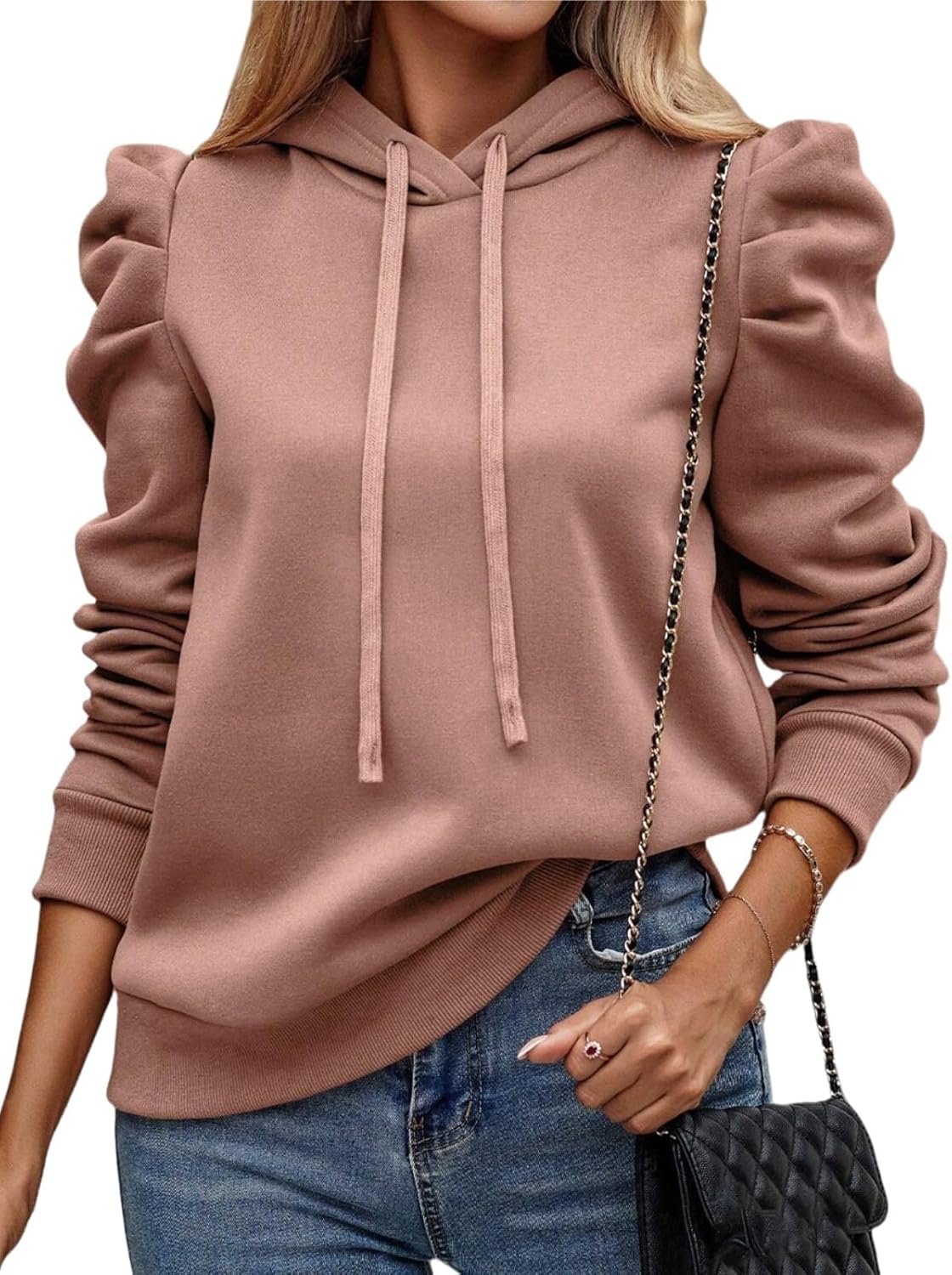 Women's Puff Sleeve Drawstring Casual Hoodie