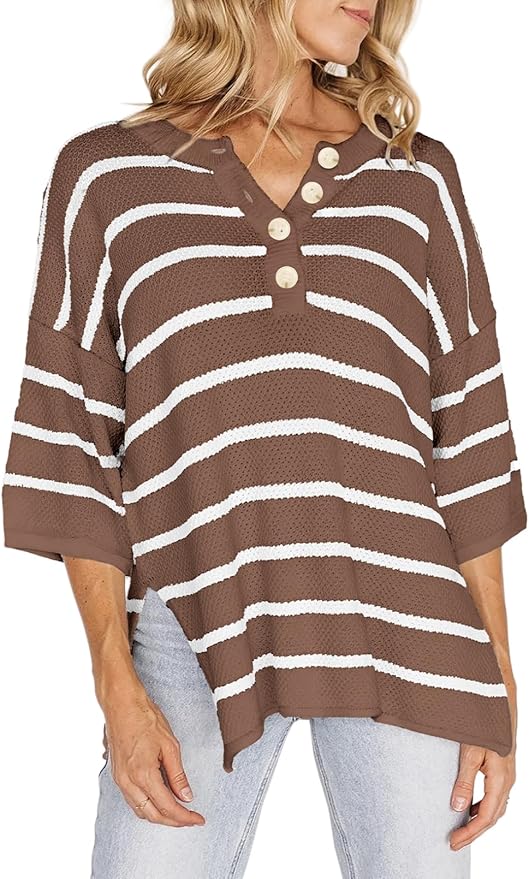 Women's Striped Button Down V Neck 3/4 Sleeve Lightweight Knit Pullover