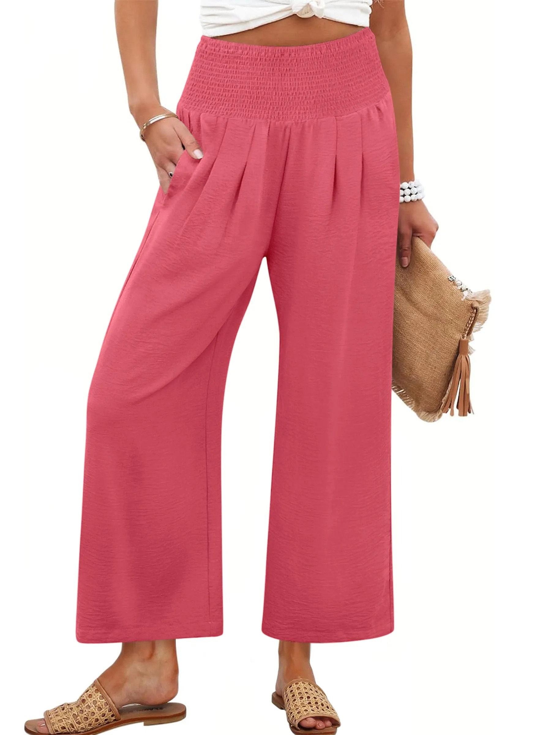 HOT SALE Women's High Waist Elastic Palazzo Pants Flowy Beach Lounge Casual Trousers