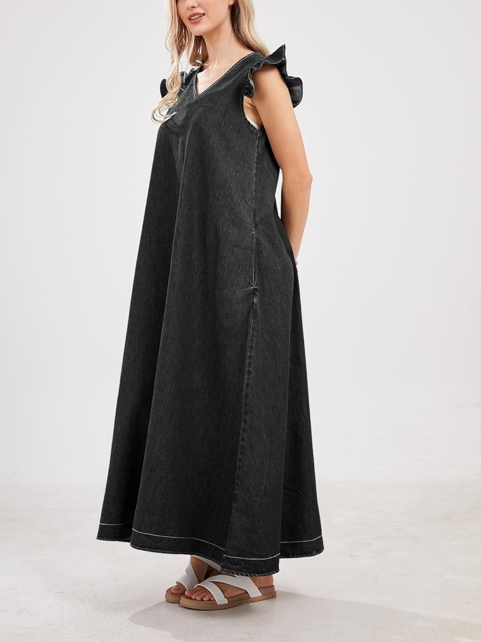 HOT SALE Women's Casual Loose Fit Ruffle Sleeveless V-Neck Denim Maxi Dress