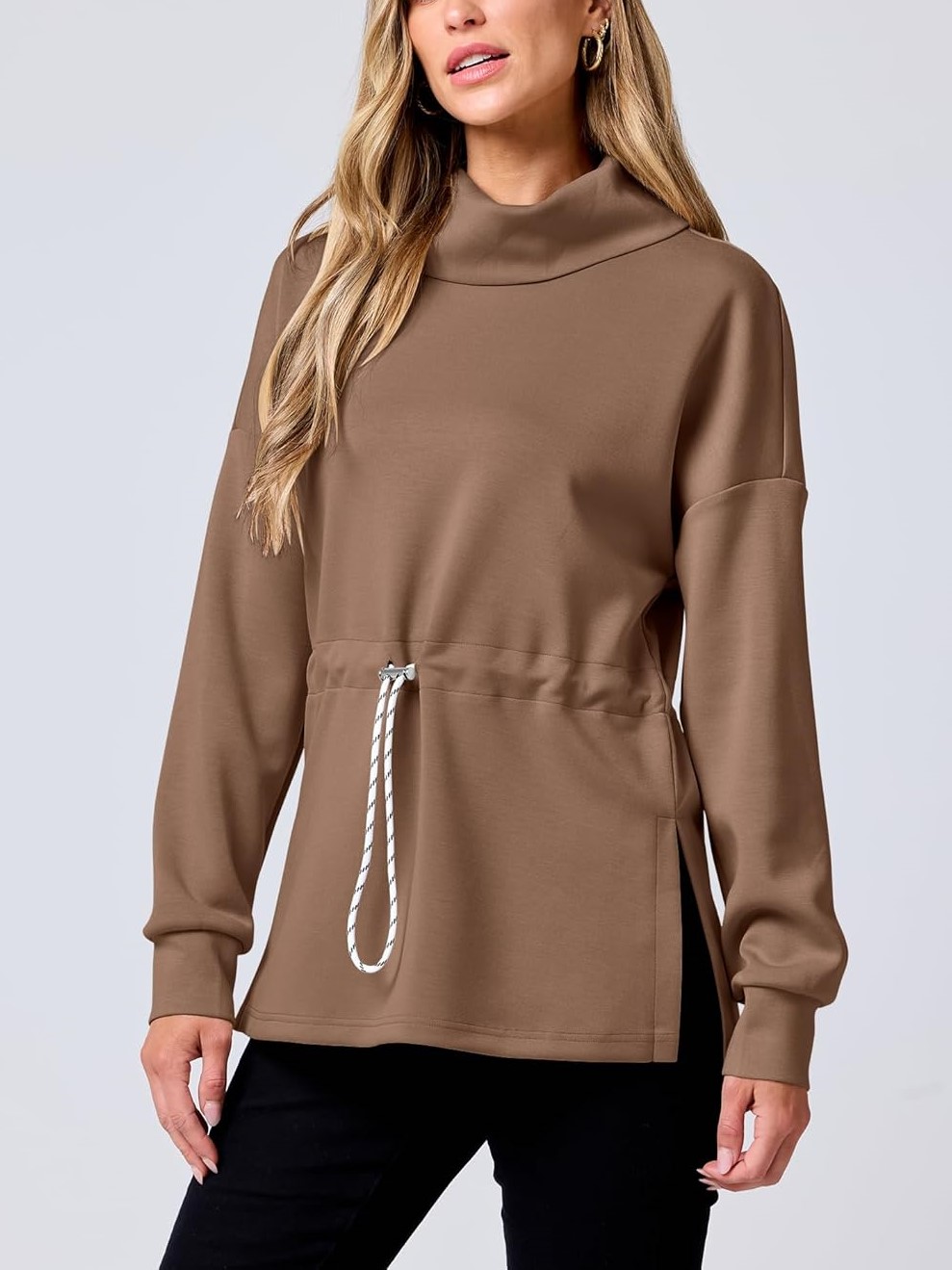 Women's Long Sleeve Turtleneck Drawstring Waist Hoodie Sweatshirts