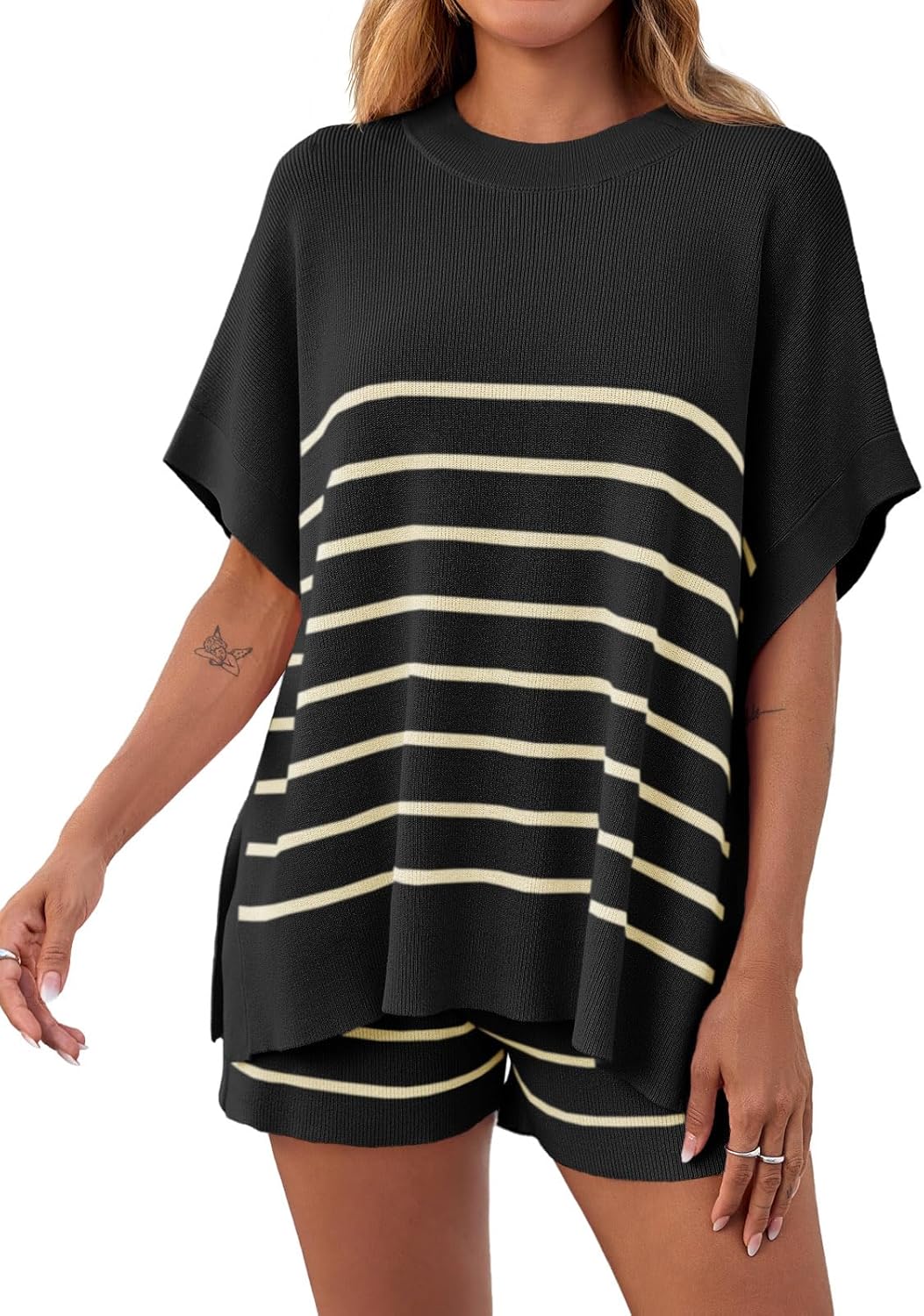 Women's Striped Batwing Short Sleeve Tops High Waisted Shorts Knit Lounge Sets