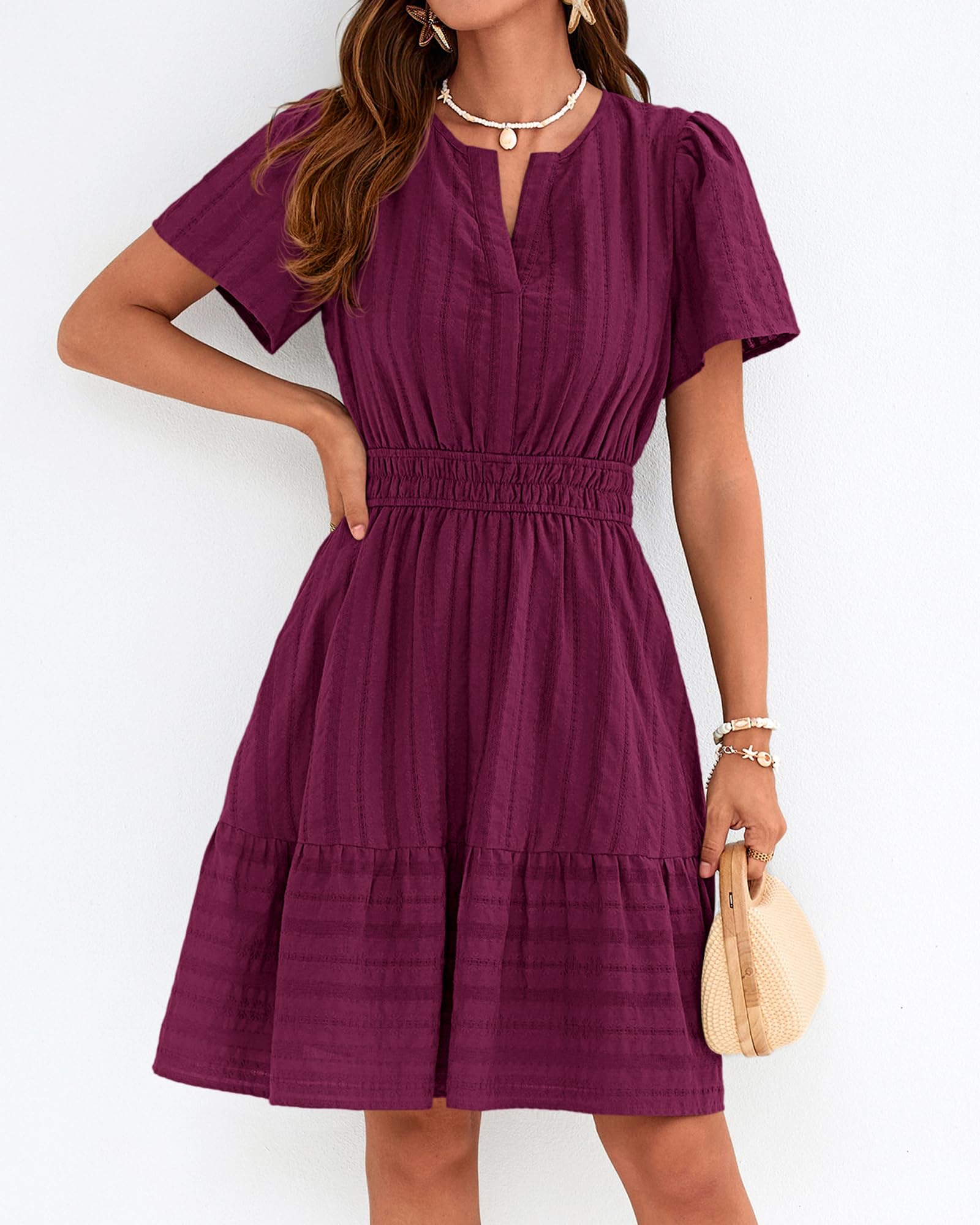 Women's Lightweight Short Sleeve V Neck Elastic Waist Mini Dress