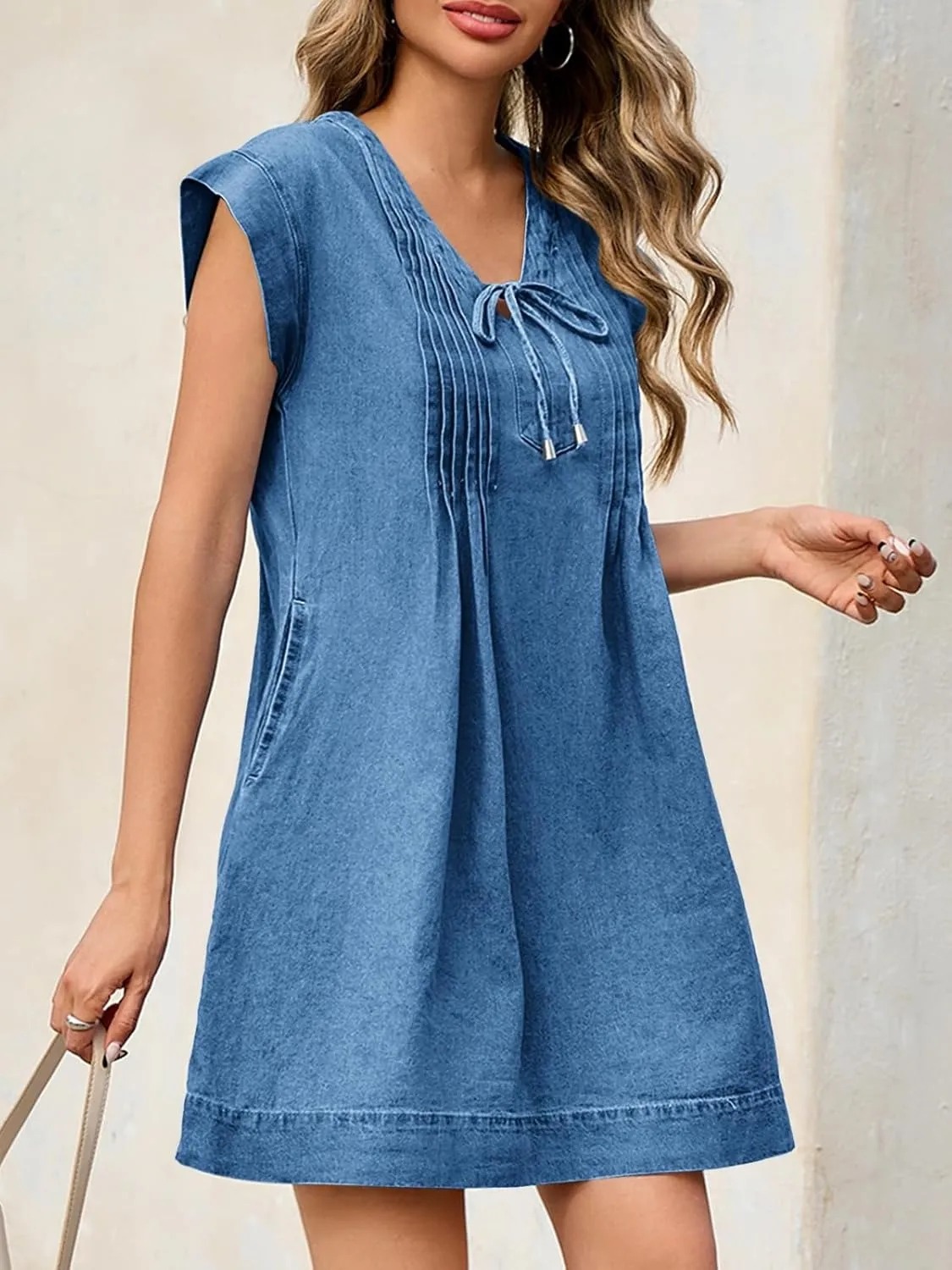 HOT SALE Women's V-neck Pleated Denim Dress With Pockets (Buy 2 Free Shipping)