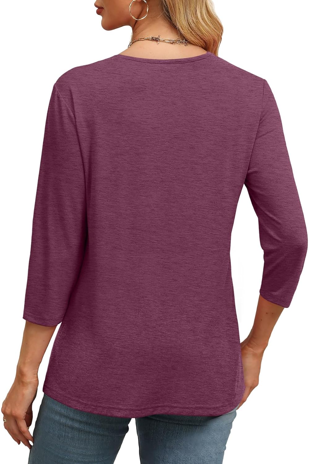 Women's V Neck 3/4 Long Sleeve Tops Loose Fit Blouse