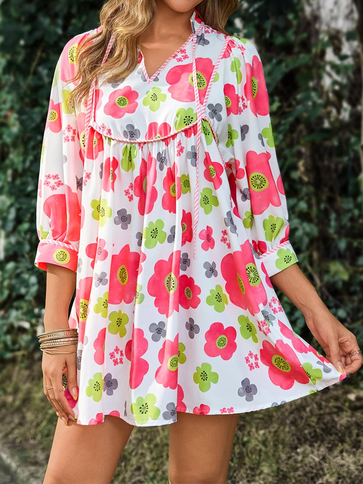 Women's Floral 3/4 Balloon Sleeve V Neck Flowy Babydoll Dress