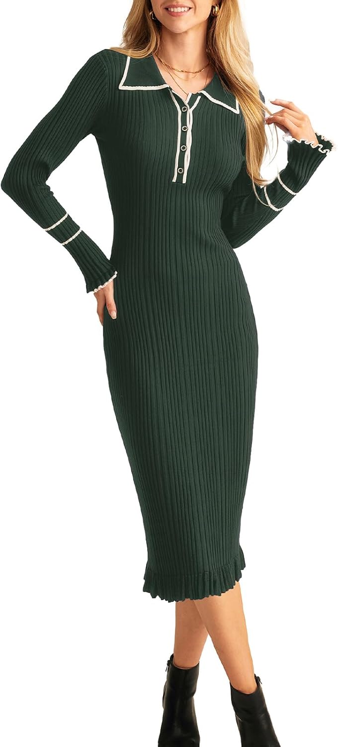 Women's Contrast Color Button Knit Fitted Long Sleeve Sweater Dress