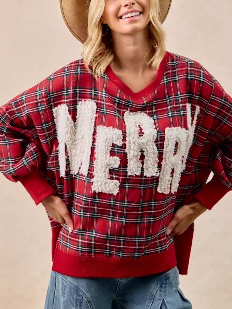"Merry"  Fuzzy Letter Patches Christmas Plaid Sweatshirt