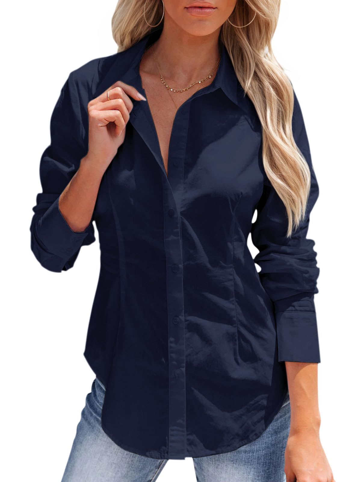 Women's Long Sleeve Button Down Basic Shirt, Wrinkle-Free Collared Blouse