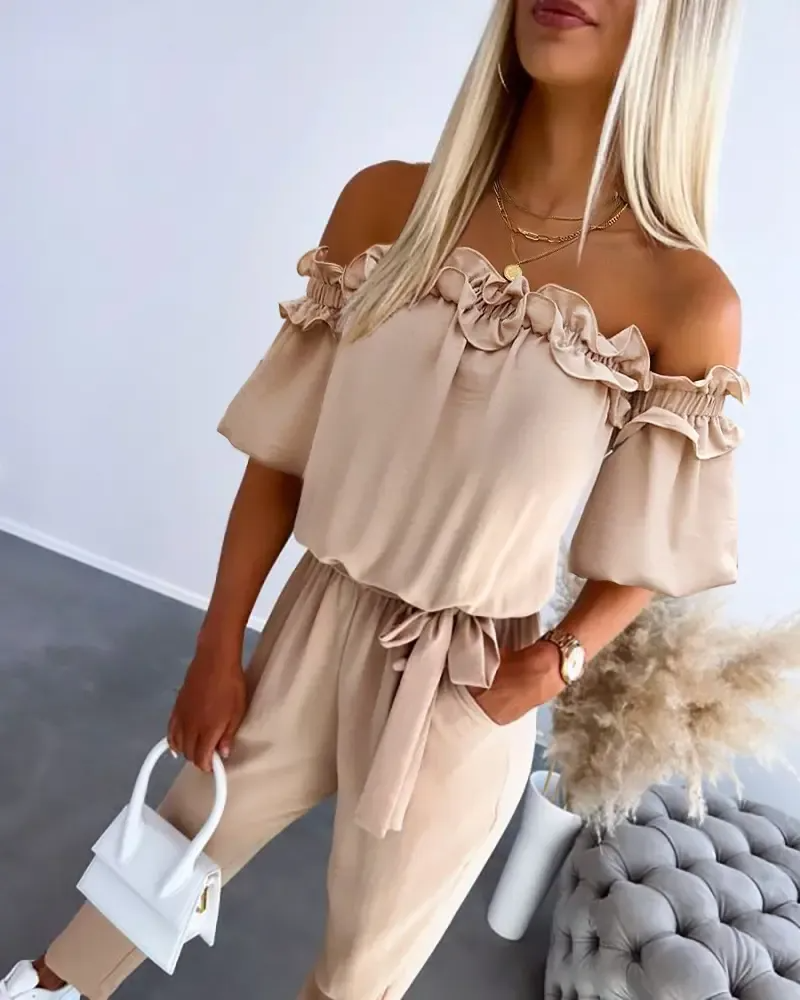 HOT SALE Women's Off Shoulder Frill Hem Tied Detail Jumpsuit