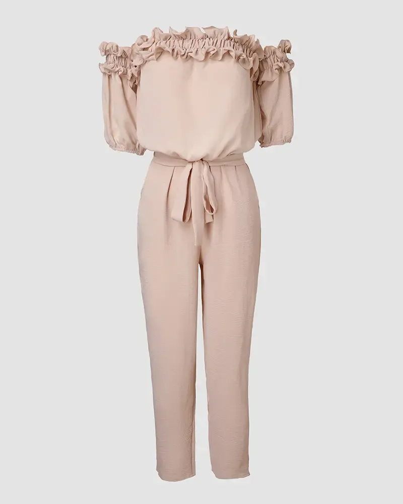 HOT SALE Women's Off Shoulder Frill Hem Tied Detail Jumpsuit