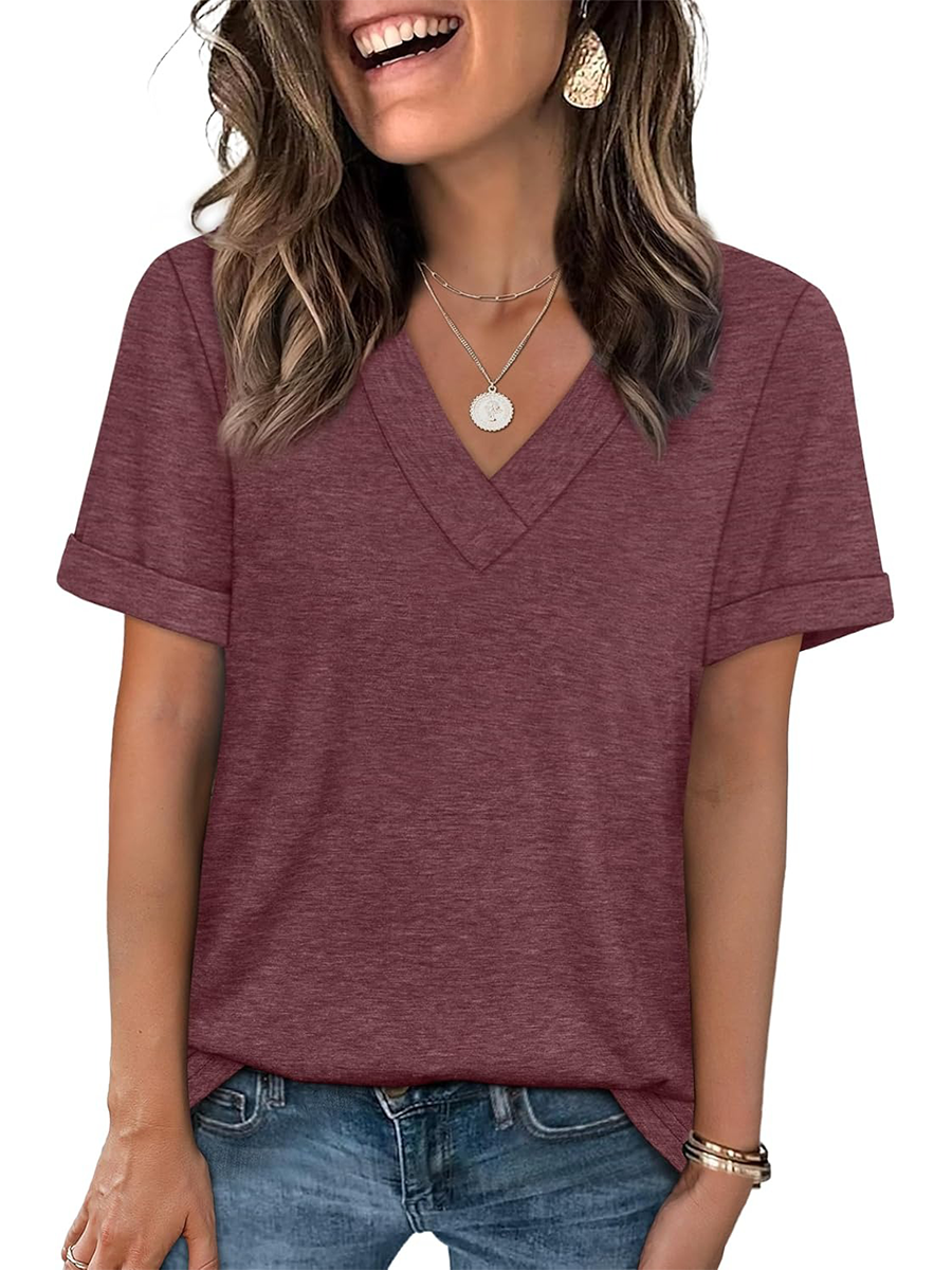 Women's Summer V Neck Short Sleeve Basic Casual T-shirt