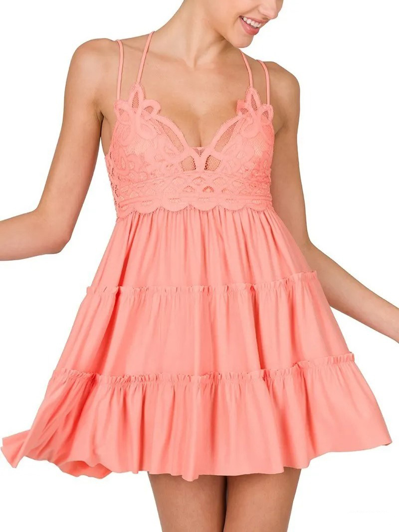 Women's Crochet Lace Ruffle Cami Tiered Ruffle Dress with Pads