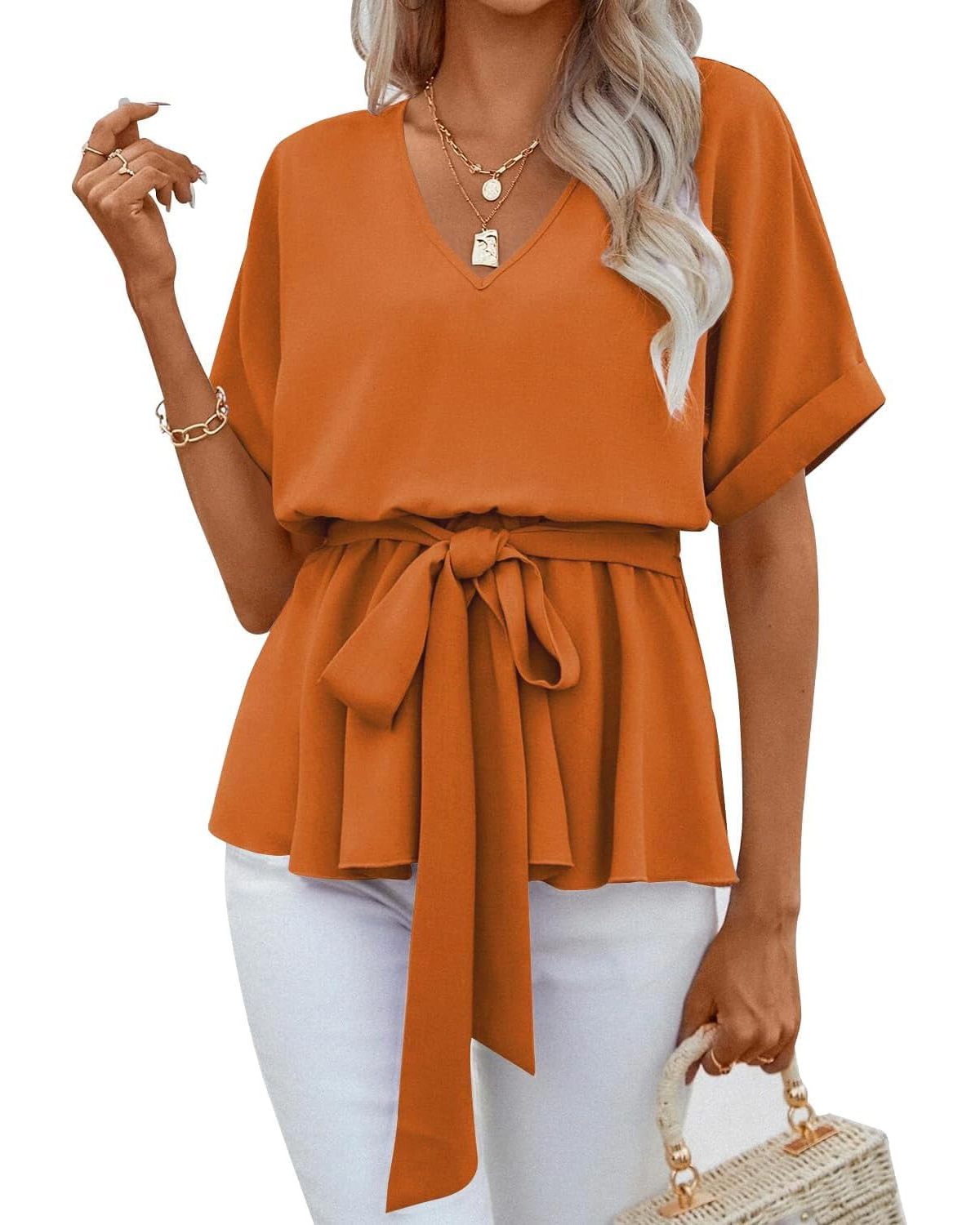 Women's V Neck Belted Ruffle Short Sleeve Blouse Casual T-Shirts