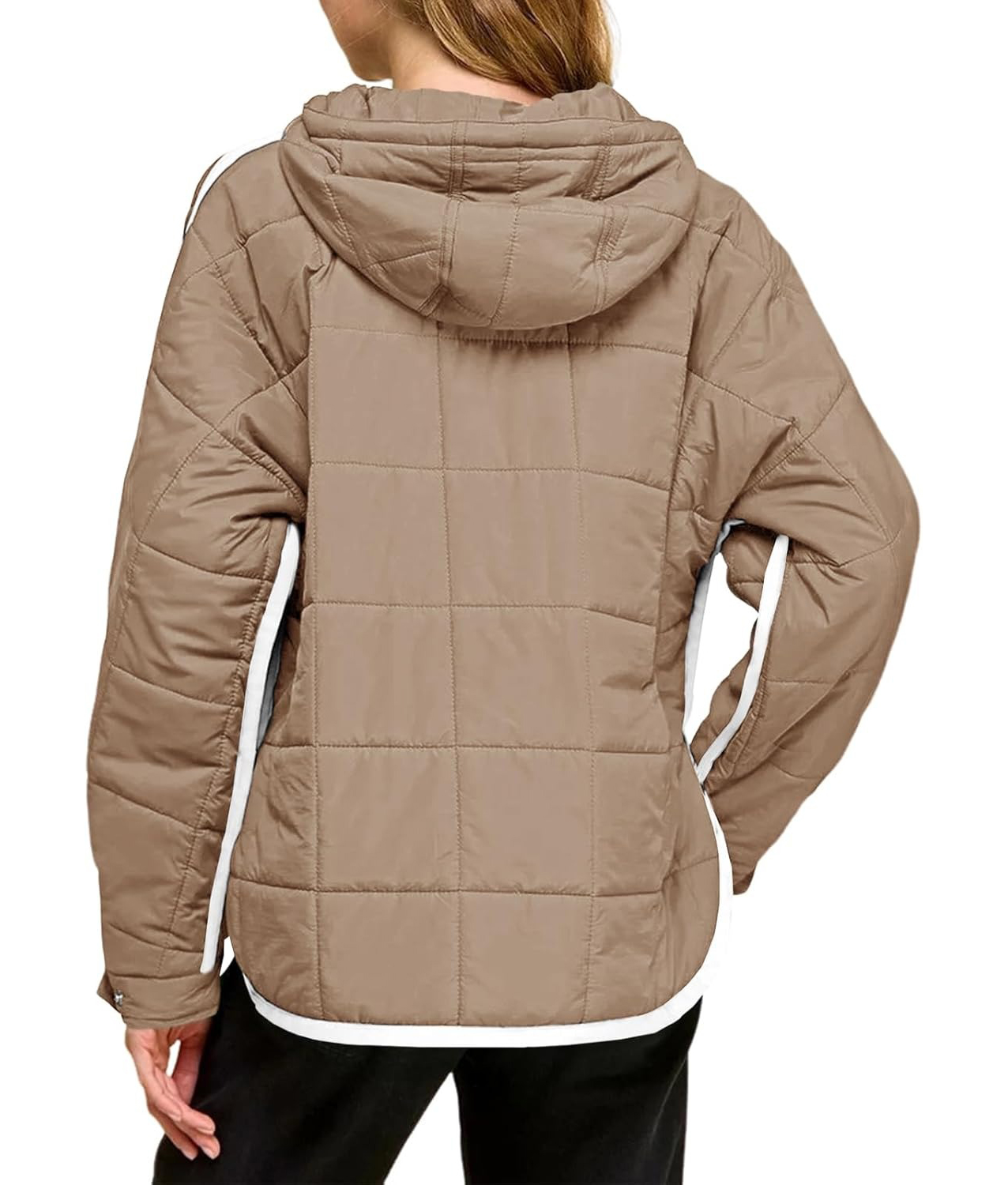 Women's Puffer Quilted Color Block Puffy Pocket Hoodie Jacket