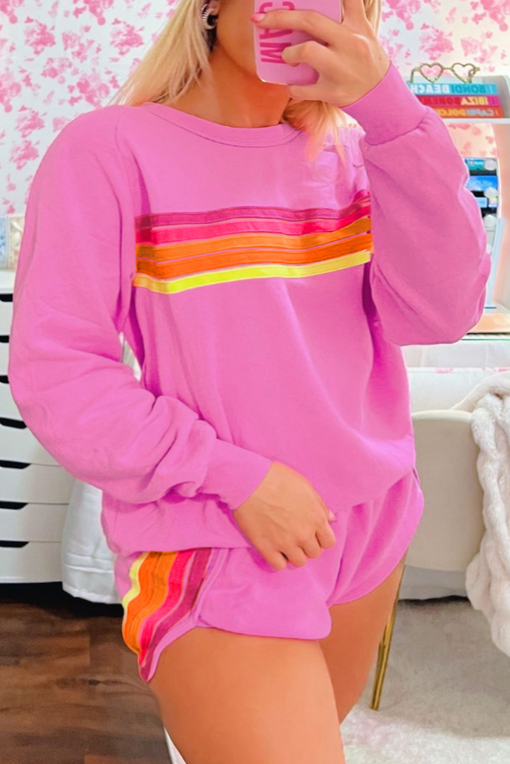 Women's Striped Oversized Sweatshirt Shorts Two-Piece Set