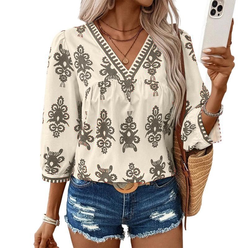 HOT SALE Women's Vintage Geometric Printed 3/4 Sleeve V Neck Blouse