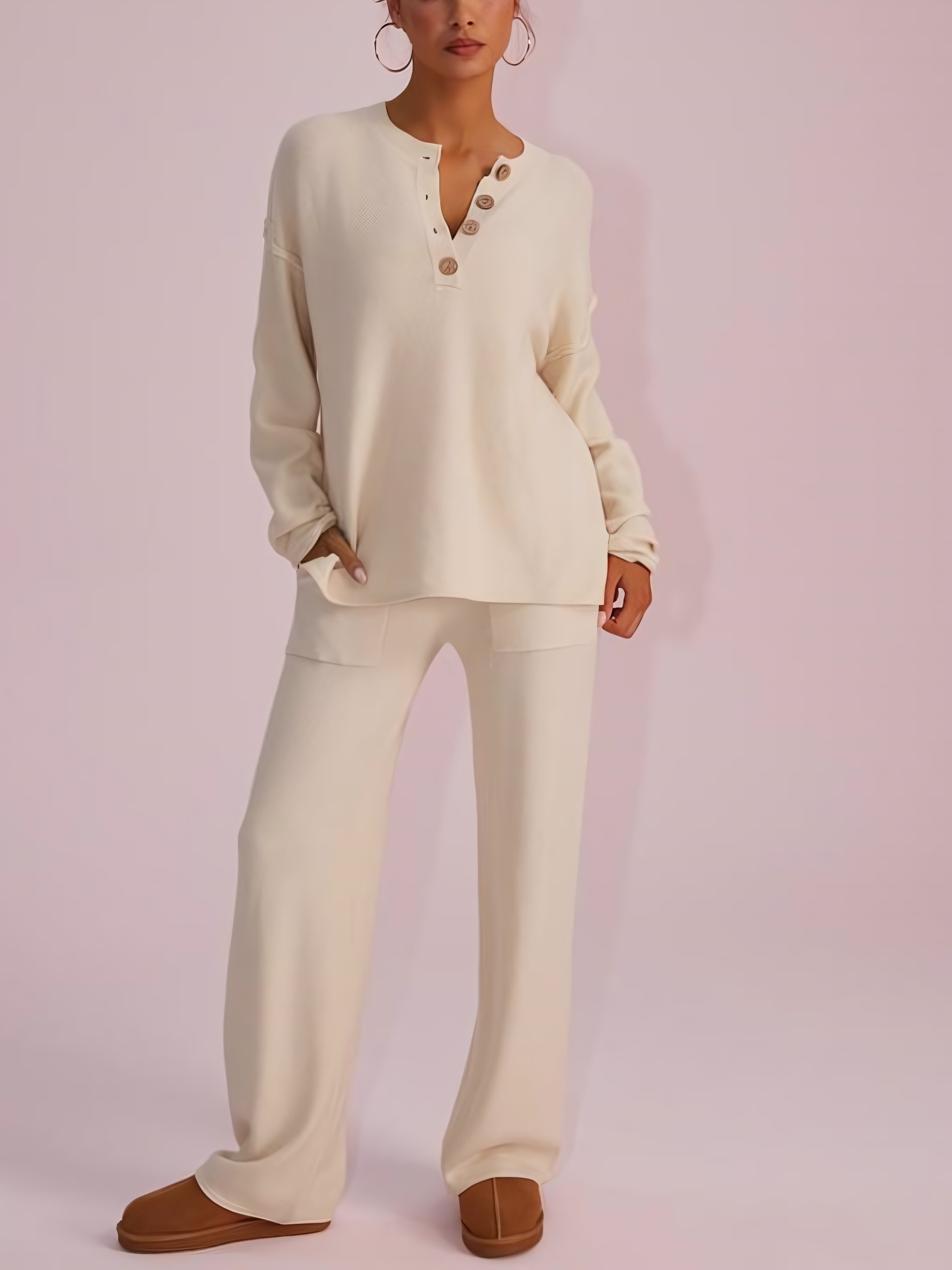 Women's Button Front Top & Wide Leg Pants Waffle Knit Lounge Set