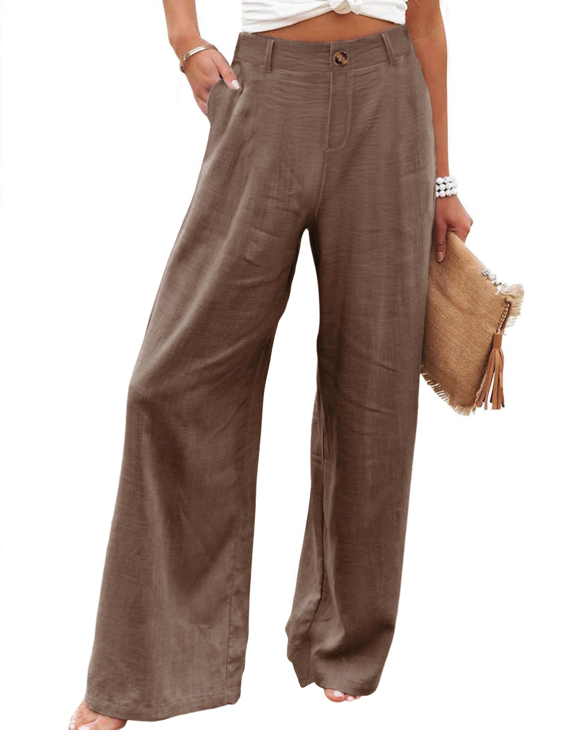 Women's Cotton Linen Casual Button Up Wide Leg Pants